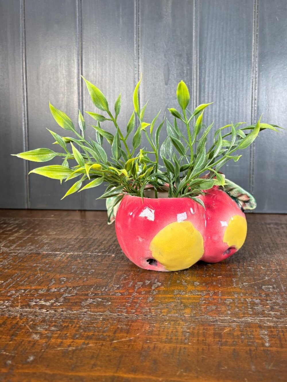 Small Vintage Apple Planter or Jardiniere – Hand Painted Ceramic Fruit Cachepot